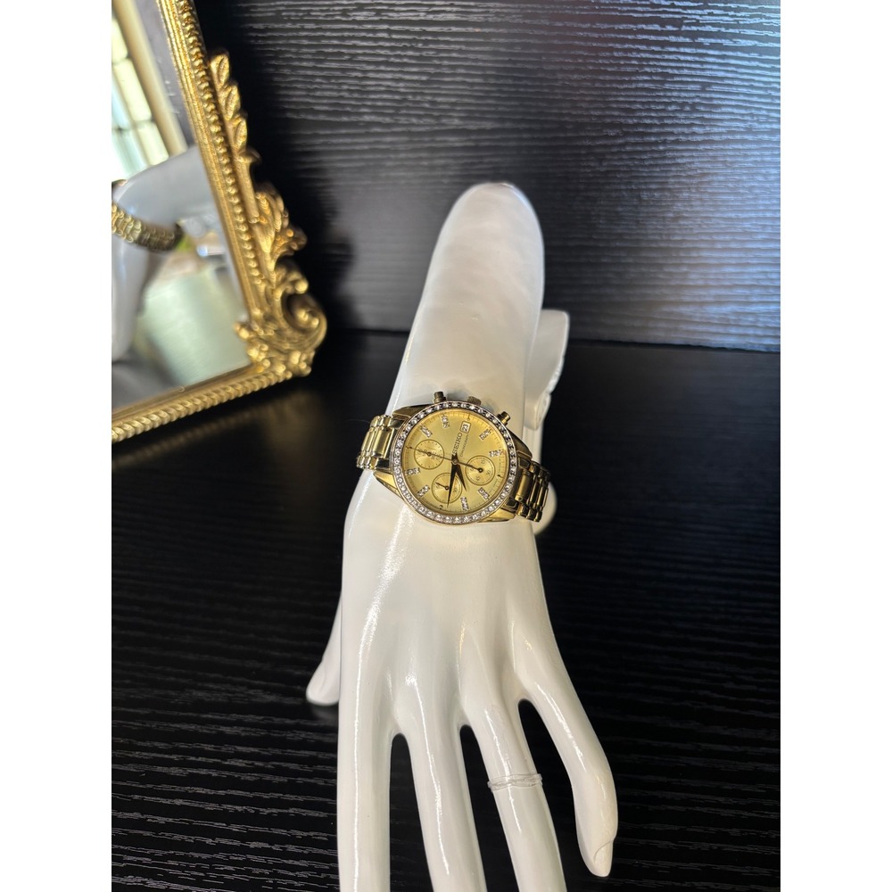 Seiko Chronograph Gold Tone Crystal Bezel Watch 7T92-0MZ0 Womens Stainless Steel